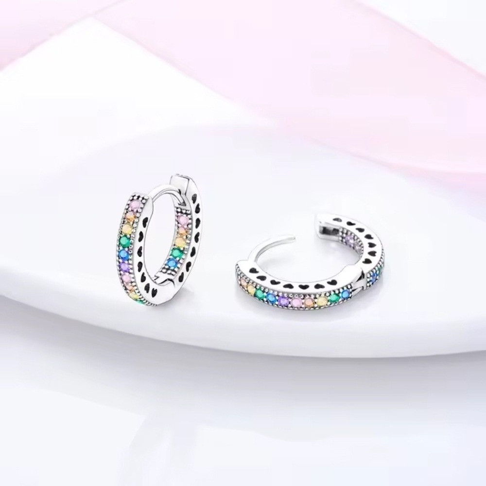 Rainbow Huggie Hoop Earrings Silver Tone Colorful Heart‎ Cutout Jewelry - Picture 3 of 4